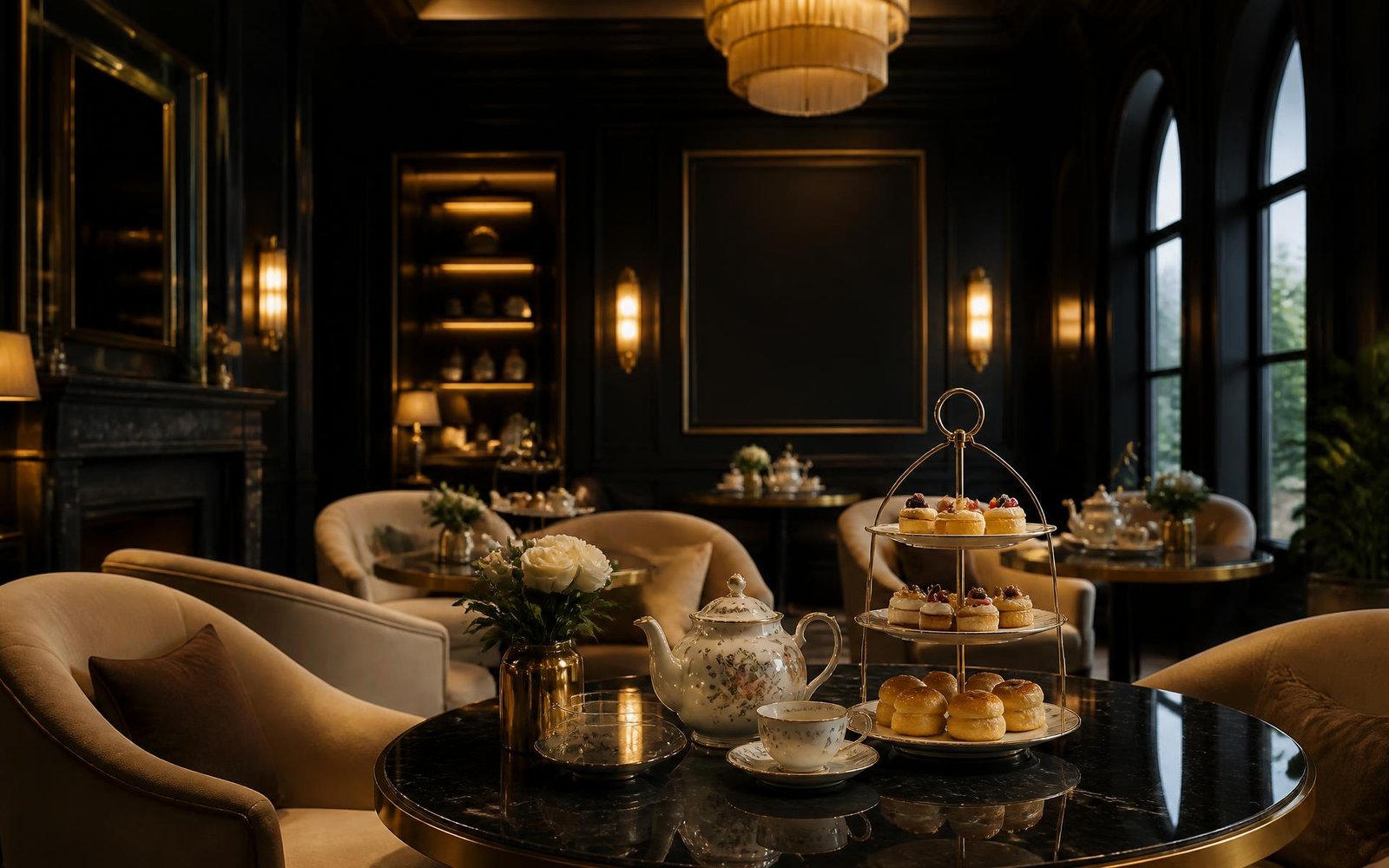 Salon intérieur du MOË Tea Room à Rabat, noir profond et laiton doré