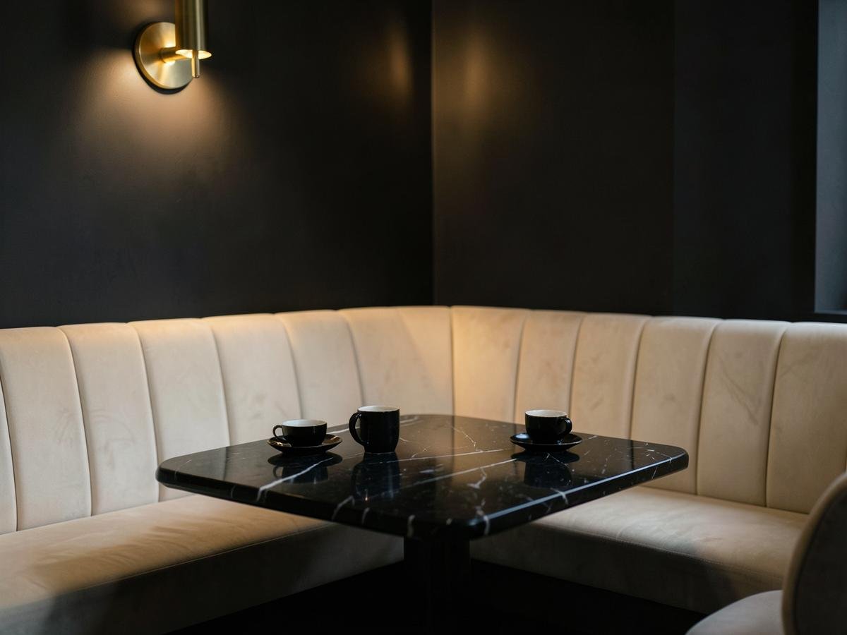 Banquette crème et table en marbre noir du MOË Tea Room